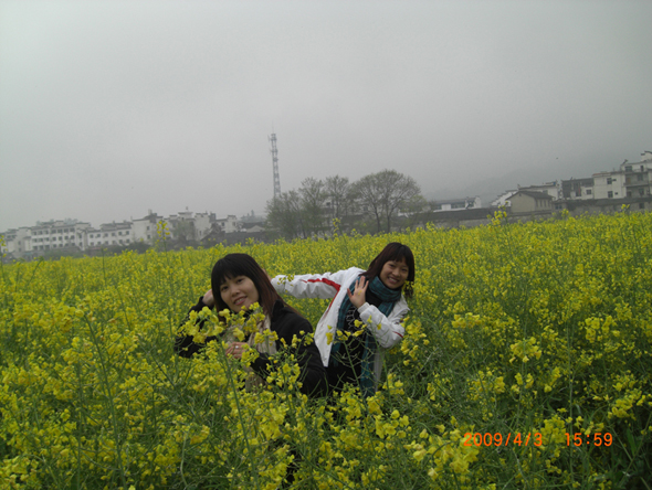 汪家媳妇小邹和她的妹妹在宏村前的油菜地中