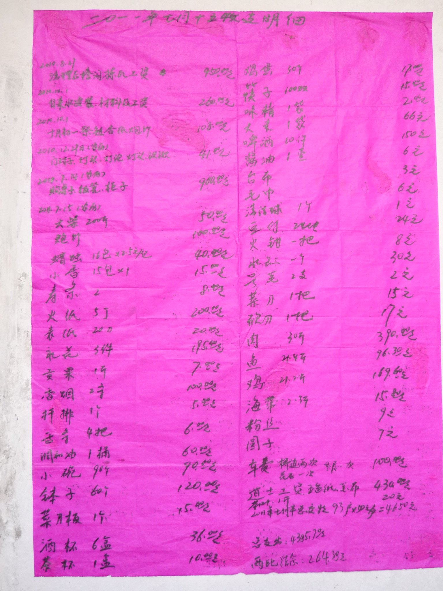 宗亲们可放大这张明细图;这张记录大到上百、小到一个鸡蛋;真是汪家好传统呀(93户每户50元筹办节日明白帐)